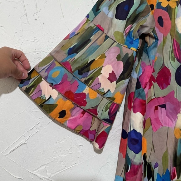 Women's Floral Multicolor V Neck Tiered Bell Sleeves Tunic Dress Sz Large - Picture 4 of 6